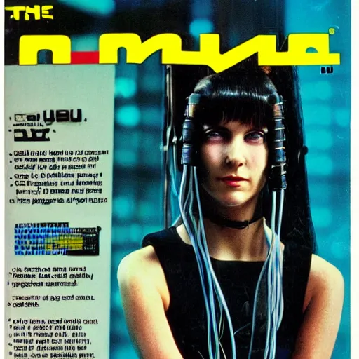 Image similar to cable plugged in, back of head, cyberpunk woman, computer, 1 9 7 9 omni magazine cover