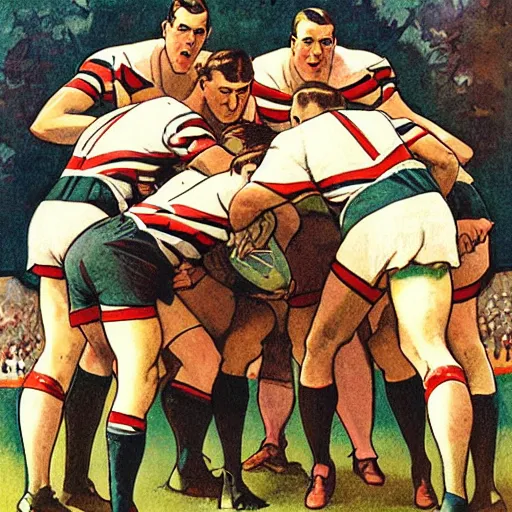 Prompt: 1920s full color illustraion by J.C. Leyendecker of handsome male rugby players in a scrum on the field, rugby ball on the ground in between the handsome rugby players