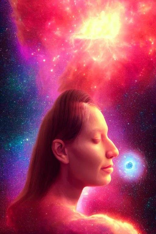 Prompt: A beautiful portrait of a single female cosmic being with a nebula as its body by Beeple, 8K, UHD , Trending on artstation.