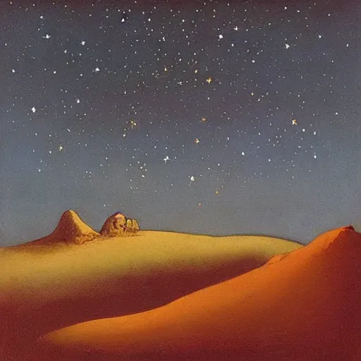 Prompt: “ dreamy and obscure mountains view and starry sky above, mystical atmosphere, art by hugo simberg, gorgeous oil painting, 8 k ”