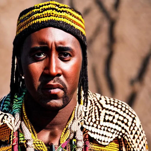Image similar to african version of nicolas cage wearing tribal clothing close up heavy bokeh looking to lens