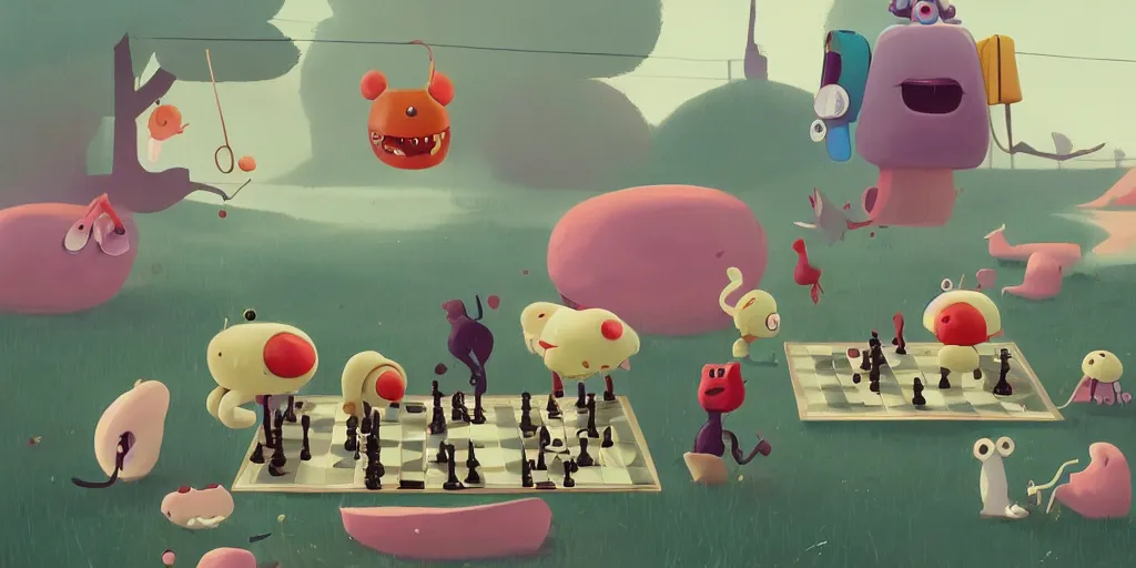 Prompt: cute cartoon monsters playing chess by Goro Fujita and Simon Stalenhag and Chiho Aoshima and Wes Anderson, 8k, trending on artstation, hyper detailed, cinematic