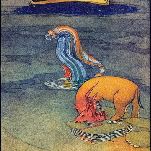 Prompt: an extremely colorful depiction of a hippocampus in a lake, rearing up with its tail tucked underneath, from a book of fairy tales illustrated by edmund dulac