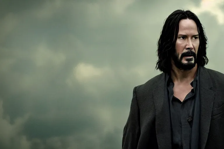 Prompt: promotional image of Keanu Reeves as Jesus Christ in the new movie directed by Christopher Nolan, movie still, promotional image, imax 70 mm footage