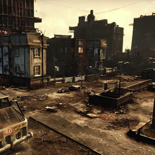 Image similar to Dublin in ruins post-nuclear war in Fallout 4, in game screenshot