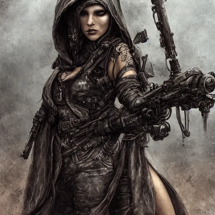 Image similar to beautiful apocalyptic woman in hooded cloak, standing on mad max panzer tank, hyper-detailed, smooth, sharp focus, 4k ultra hd, fantasy dark art, tank girl, artgerm, artstation, octane render, elegant, detailed digital painting, apocalyptic art