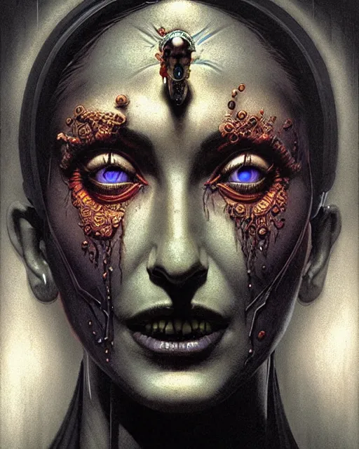 Image similar to symmetra from overwatch, character portrait, portrait, close up, concept art, intricate details, highly detailed, horror poster, horror, vintage horror art, realistic, terrifying, in the style of michael whelan, beksinski, and gustave dore