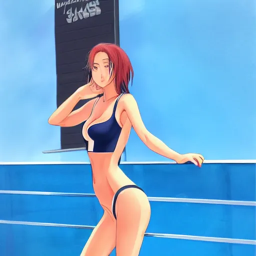 Image similar to a girl wearing a business swimsuit, she is near a swimming pool, anime art, digital painting, smooth, hd, elegant