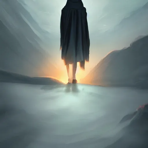 Image similar to hooded figure standing at the edge of reality gazing into the unknown, sunset on distant planet, detailed digital painting, smooth, sharp focus, artstation, artgerm, 4 k ultra hd, fantasy dark art