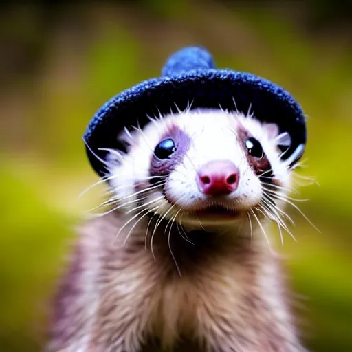 Prompt: Close up of a ferret wearing a funny hat, photo realistic, dramatic lighting, Nat Geo award winner, 100mm lens, bokeh