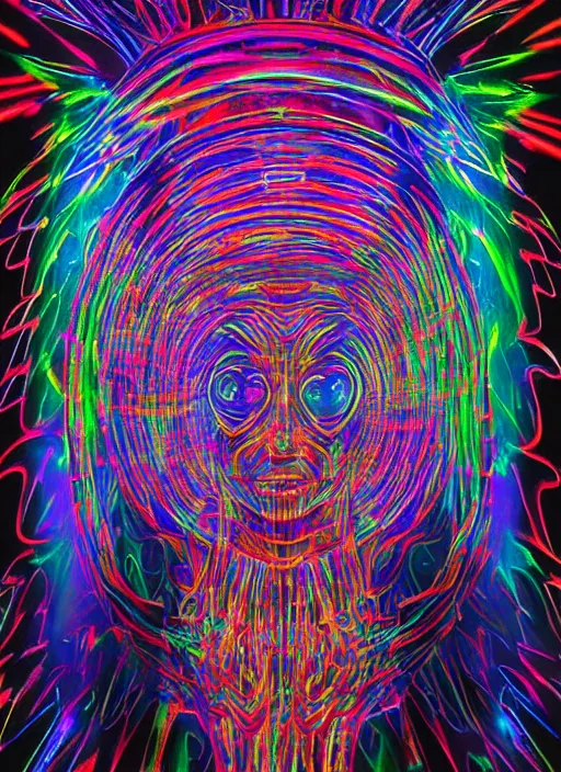 Prompt: A painting of a holographic foil room installation of a massive 3d xray head of a shaman wearing a head-dress and tribal mask made of uv blacklight glowing graffiti and expressive supernova photo brushstrokes, warping from a huge complex black portal wormhole shattered cube structure exploding like a starbust in a 3d exploded view towards the viewer in impossible cubist angular momentum angles, made of reflective galaxy gas brushstrokes reflected on water and metallic flecked paint, metallic flecks, glittering metal paint, metallic paint, glossy flecks of iridescence, glow in the dark, Uv blacklight, 8k, 4k, brush strokes, highly detailed, iridescent texture, brushed metal, stars, space, galaxy, 2 point perspective, portrait, head, 3d xray, eyes, expressive, expression