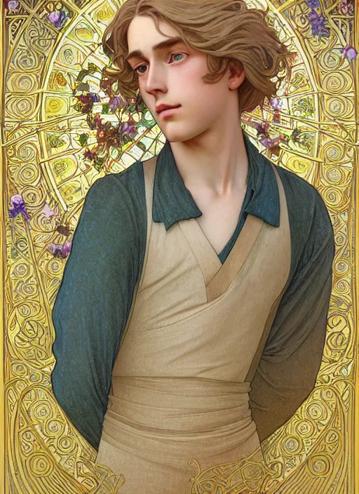 Image similar to pretty young man with shoulder length shiny shimmering golden blond hair, half body shot, emotional, decorative flower patterned background, path traced, highly detailed, high quality, digital painting, by studio ghibli and alphonse mucha, leesha hannigan, hidari, disney, jules bastien - lepage, art nouveau