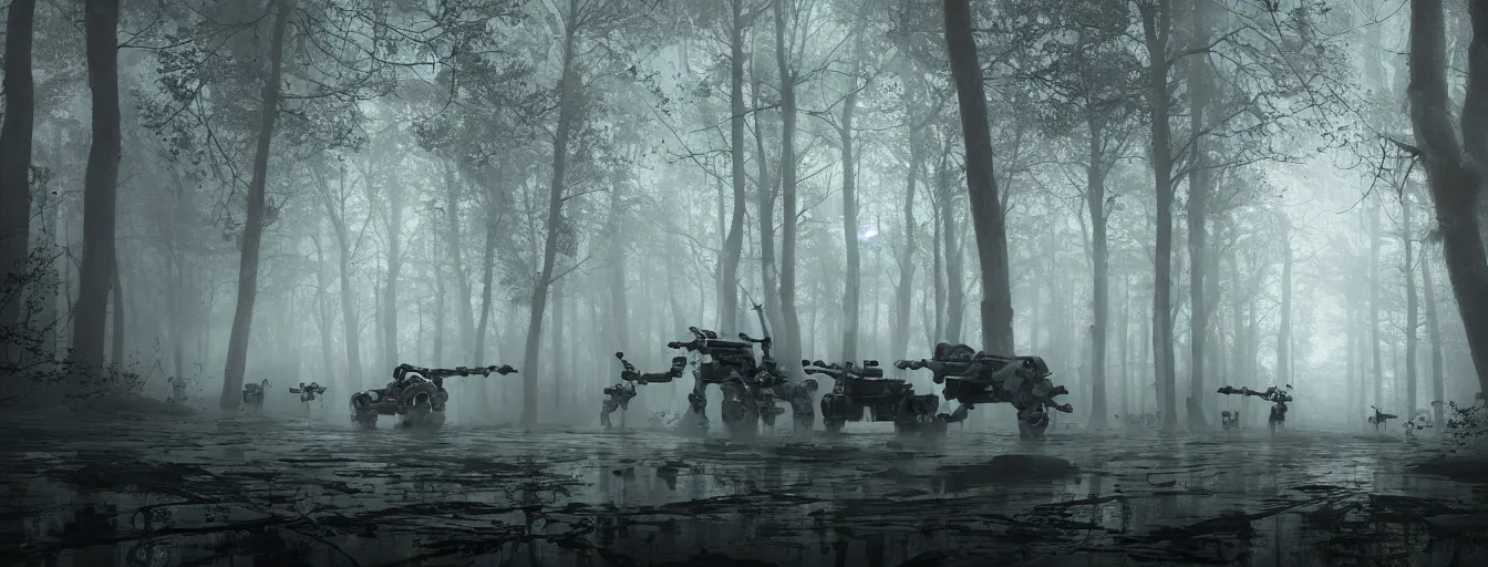 Image similar to imagination of robots army hunting humans in dark foggy old forest in the night, postapo, dystopia style, heavy rain, reflections, high detail, dramatic moment, motion blur, dense ground fog, dark atmosphere, saturated colors, by darek zabrocki, render in unreal engine - h 7 0 4
