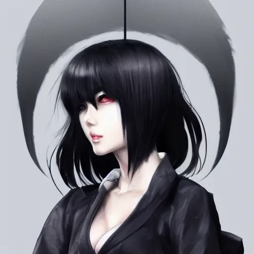 Image similar to heroine, beautiful, sui ishida with black hair, hyperrealistic, highly detailed, 8 k, a real photographic, digital art, character, realistic, full body portrait, female samurai, symatrical, dark atmospheric lighting, artstation, symetric, lineart