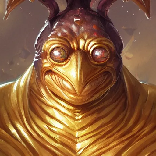 Image similar to fanatic sect acolyt of a golden frog god, d & d, fantasy, portrait, digital painting, trending on artstation, concept art, sharp focus, illustration, art by artgerm and greg rutkowski and magali villeneuve