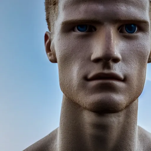 Image similar to a realistic detailed photo of a guy who is an attractive humanoid who is half robot and half humanoid, who is a male android, football player christian mccaffrey, shiny skin, posing like a statue, blank stare, by the beach, on display