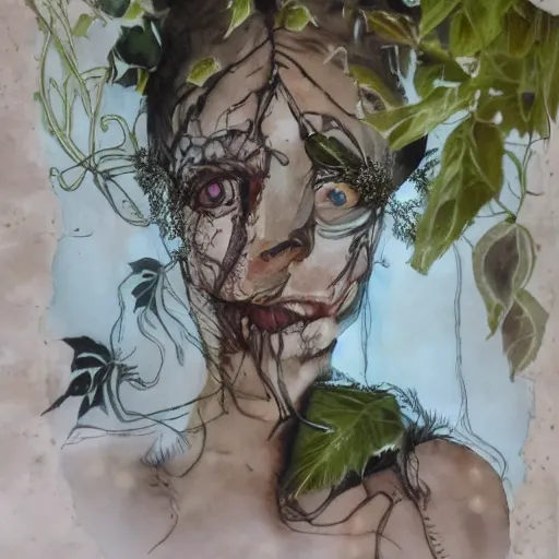 Image similar to a beautiful detailed front view portrait of a rotten woman corpse with fractal plants and fractal flowers growing around, volumetric light, beautiful lit, polaroid photography