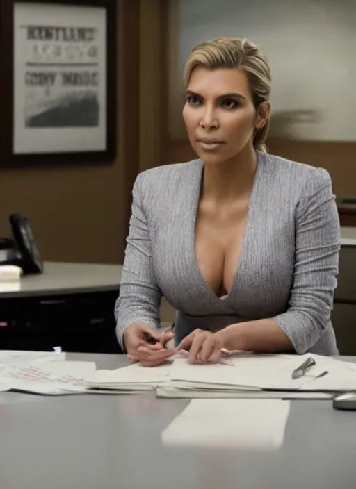 Image similar to a pov, color cinema film still of kim kardashian as kim wexler speaking to saul goodman at a desk, cinematic lighting, from better call saul.