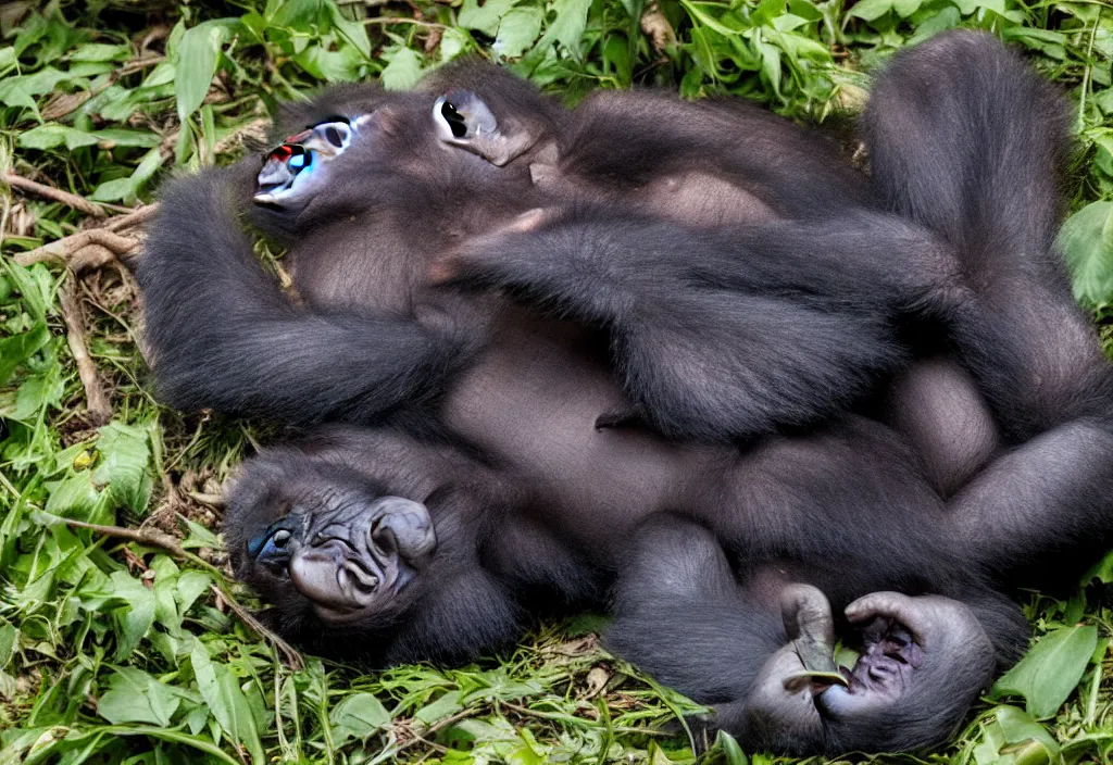 Image similar to “ a baby gorilla laying on the ground in the jungle, a jigsaw puzzle by alex petruk ape, trending on flickr, primitivism, national geographic photo, uhd image, creative commons attribution ”