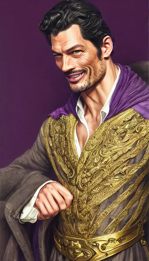 Prompt: david gandy, charming, rich viscount, laughing, fit, cunning, robe, gold and purple, warhammer, lord of the rings, sweaty, intricate, highly detailed, digital painting, artstation, concept art, smooth, sharp focus, illustration, unreal engine 5, 8 k, art by artgerm and greg rutkowski and alphonse mucha