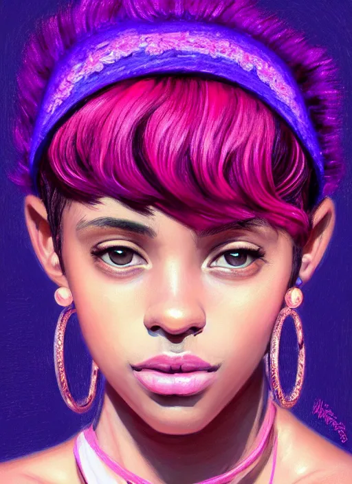 Image similar to portrait of teenage vanessa morgan with bright pink hair, black girl, curly pixie cut hair, wearing a purple breton cap, breton cap, hoop earrings, intricate, elegant, glowing lights, highly detailed, digital painting, artstation, concept art, smooth, sharp focus, illustration, art by wlop, mars ravelo and greg rutkowski