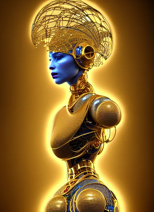 Image similar to blueprints for an absurdly beautiful, graceful, sophisticated, fashionable futuristic female golden robot, hyperdetailed illustration by irakli nadar and alexandre ferra, intricate linework, faberge, intricate gold headdress, dark atmosphere, unreal engine 5 highly rendered, global illumination, radiant light, detailed and intricate environment
