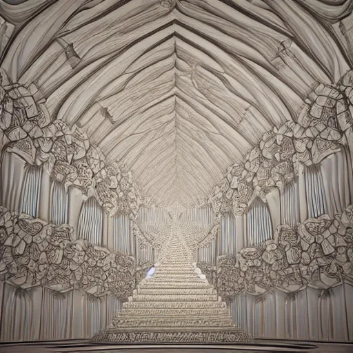 Image similar to a hyperrealistic 3 d render of a sprawling mandelbrot fractal cathedral interior populated by mandelbrot fractals, unreal engine, carved ivory, carved soap, white color scheme, physically based render, volumetric lighting, octane render, glowing, carved marble, opalescent, sacred geometry, catholicpunk, stark, 8 k, ultra detailed