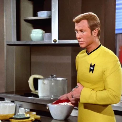 Prompt: captain kirk on a cooking show