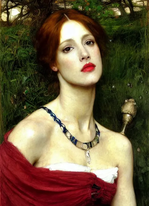 Image similar to a beautiful painting of jennifer beals by John Everett Millais and Dante Gabriel Rossetti and John Collier and john william waterhouse, pre-raphaelite, detailed, trending on artstation