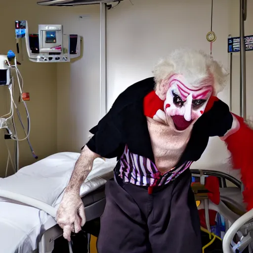 Image similar to crazy elderly clown restrained to hospital bed