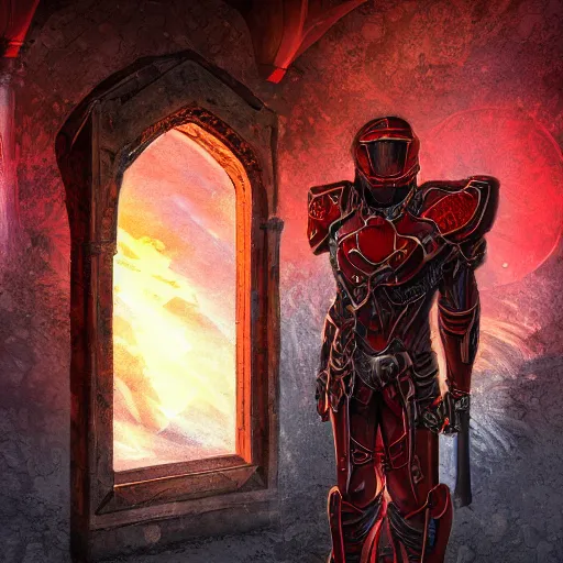 Prompt: blood knight, glowing halo, fantasy art, red intricate armor, located in a castle, morning sunlight through the window, decorated, high quality, highly detailed, 4 k