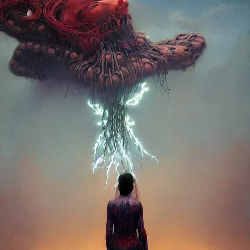 Image similar to A woman wearing clothes made out of thunder clouds and flowers, giant monsters in the background, red skin, Masterpiece, glowing, wires everywhere, by Edgar Maxence and Ross Tran, Zdzisław Beksiński, and Michael Whelan, distant, gustav dore, H.R. Giger, 8k, octane render