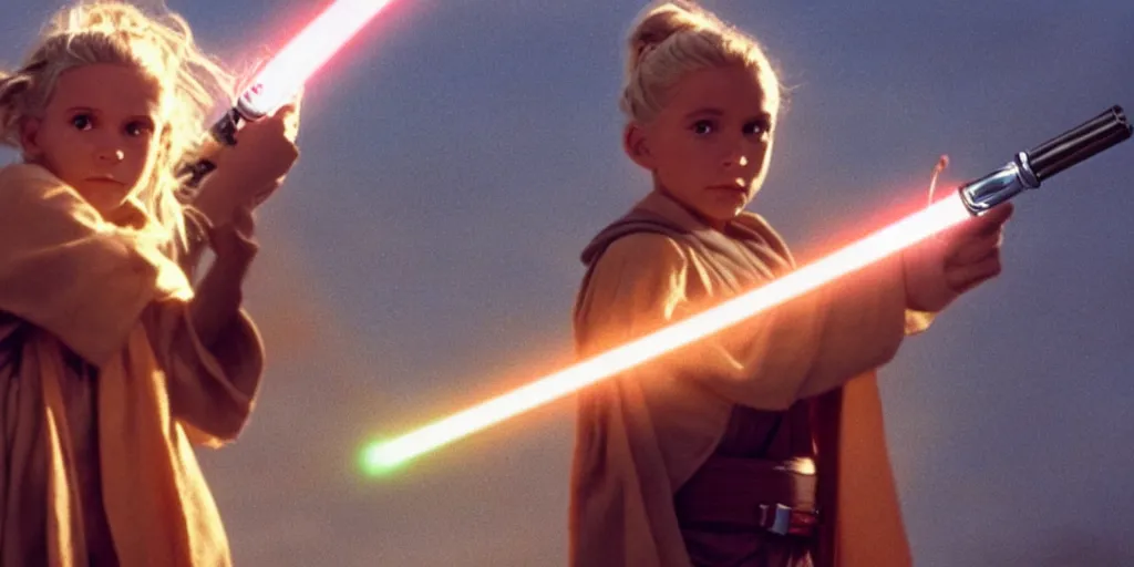 Image similar to !dream A full color still of a young blonde Jedi padawan holding a lightsaber hilt, at dusk!!!, at golden hour!!!, from The Phantom Menace, directed by Steven Spielberg, 1990