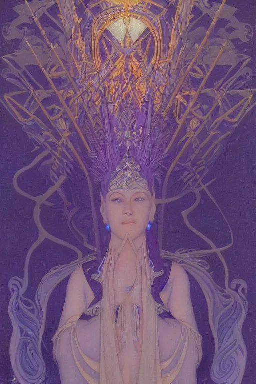 Prompt: lost queen of the night river with her scepter, by Nicholas Roerich and jean delville and Maxfield Parrish, dramatic cinematic lighting , ornate headdress , lost civilizations, extremely detailed, unreal engine