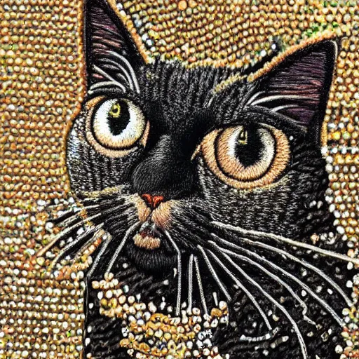 Prompt: a cat embroidered with sequins, hyperrealistic, textured, animal portrait