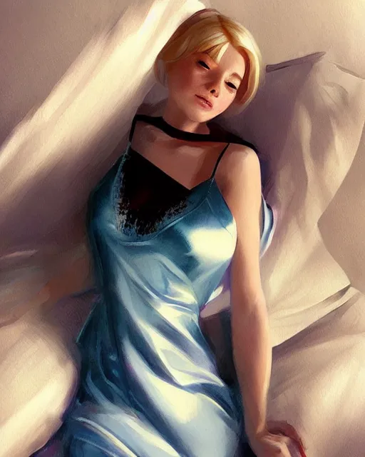 Image similar to gwen stacy wearing a satin nightgown, laying in bed, attractive, casual, digital painting, artstation, concept art, smooth, sharp focus, illustration, art by artgerm and greg rutkowski and sakimichan