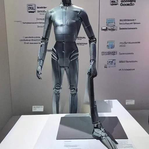 Image similar to “a realistic detailed photo of a guy who is an attractive humanoid who is half robot and half humanoid, who is a male android, actor Grant Gustin, shiny skin, posing like a statue, blank stare, at the museum, on display”