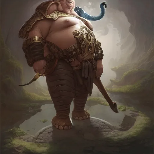 Image similar to fantasy portrait, portly elephant man, d & d loxodon, wearing loincloth, holding holy symbol, rpg game, main character, detailed, digital painting, artstation, sharp focus, illustration, tomasz alen kopera, peter mohrbacher, donato giancola, joseph christian leyendecker, wlop, frank frazetta