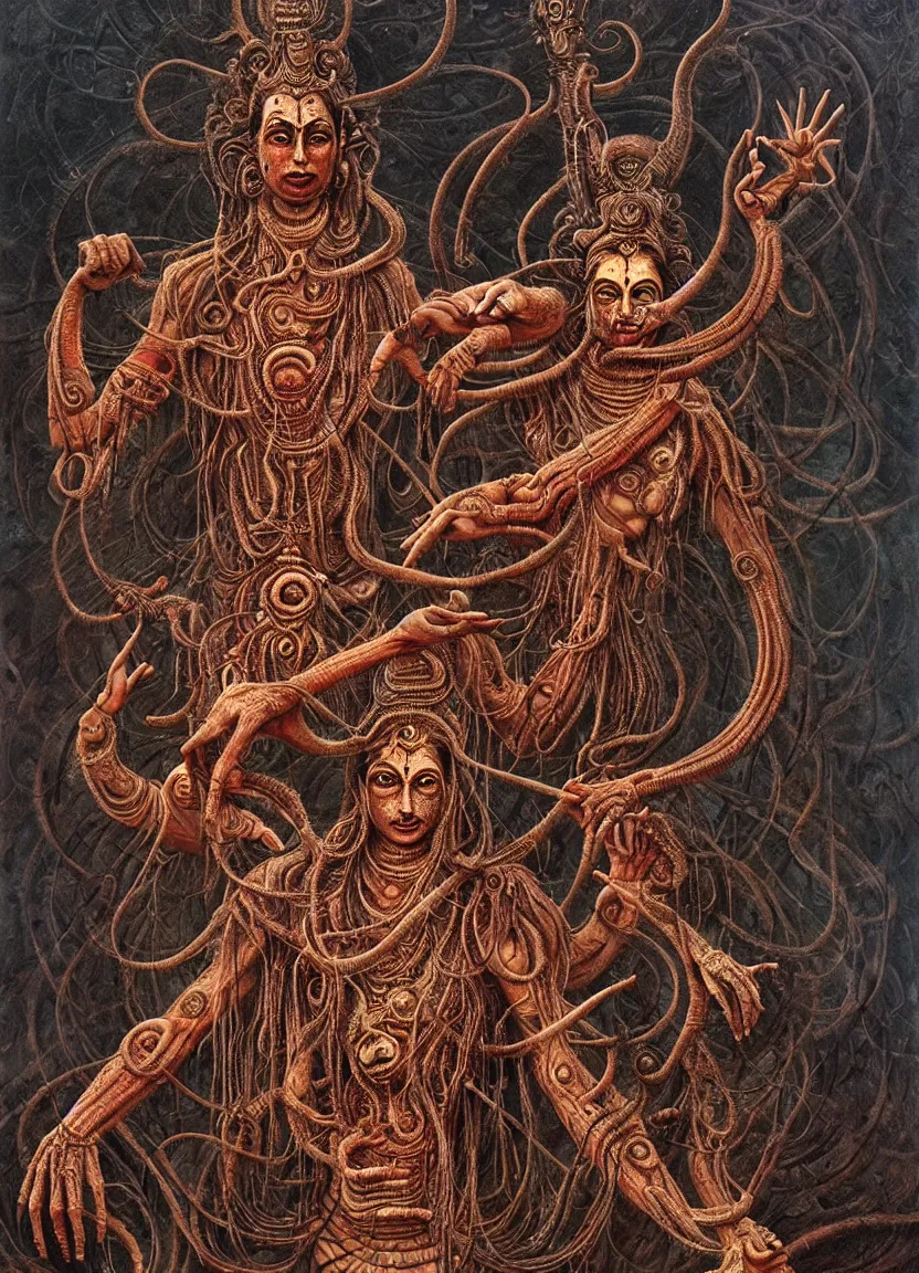 Prompt: Many-armed Shiva is dancing. Tandava. Drops of blood. Dark colors, high detail, hyperrealism, intricate details, masterpiece, close-up, zoom, biopunk, body-horror, art by Esao Andrews, Beksinski, Giger