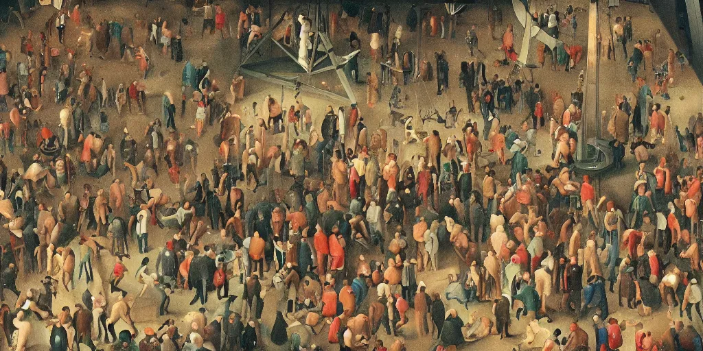 Prompt: painting of a crowd of people hanging from a ferris wheel in the style of bosch