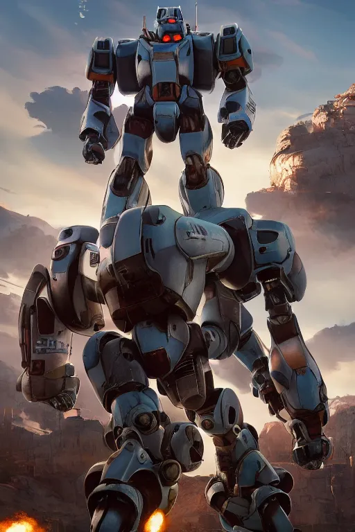 Image similar to mechwarrior 5 : mercenaries mech megaman transformer robot boss tank engine game octane render, 4 k, hd 2 0 2 2 3 d cgi rtx hdr style chrome reflexion glow fanart, global illumination ray tracing hdr fanart arstation by ian pesty by jesper ejsing pixar and disney unreal zbrush central hardmesh