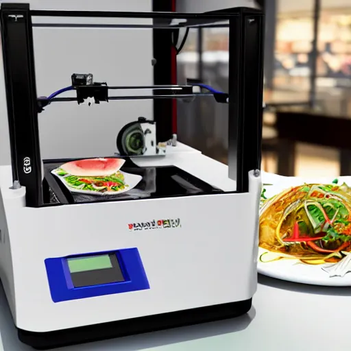 Prompt: 3 d printer that mass produces fancy meals in busy restaurant