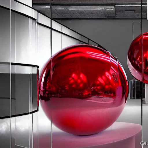 Prompt: chrome spheres on a red cube by giovanni strazza