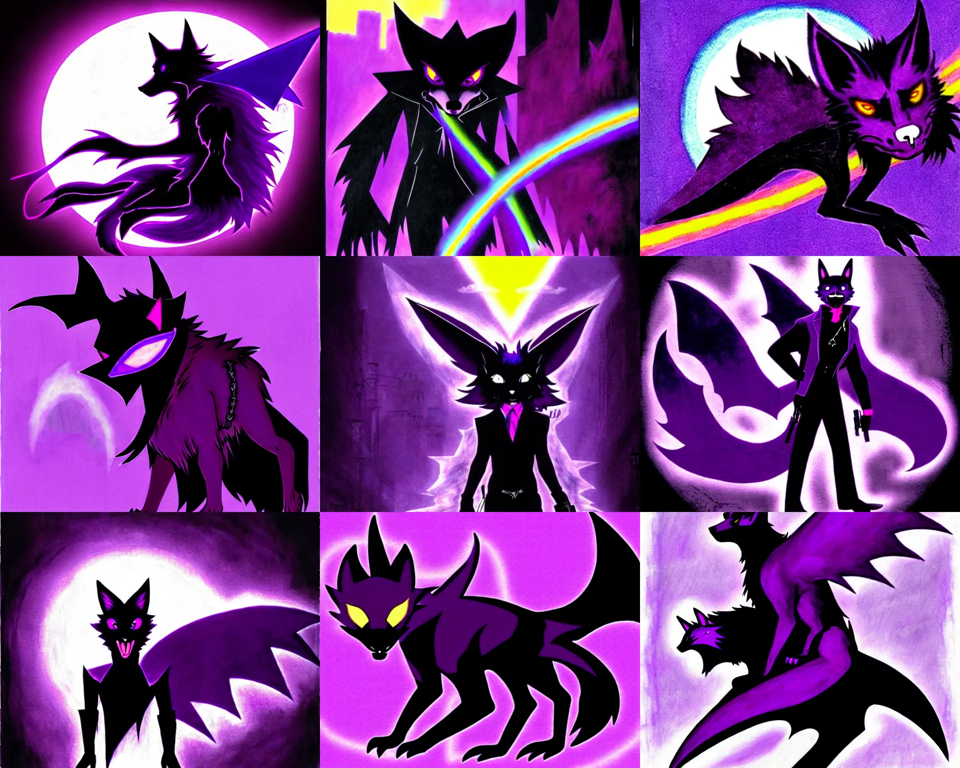 Image similar to a purple wolfbat fursona with an eyepatch and a long glowing rainbow tail, traversing a shadowy city, drawn in a noir style, reminescent of max payne and ghost in the shell, style of purple rain album cover ( by prince ), dark colors
