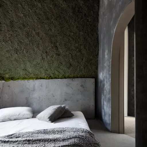 Image similar to concrete brutality bedroom interior, moss lining the walls, morning sunlight