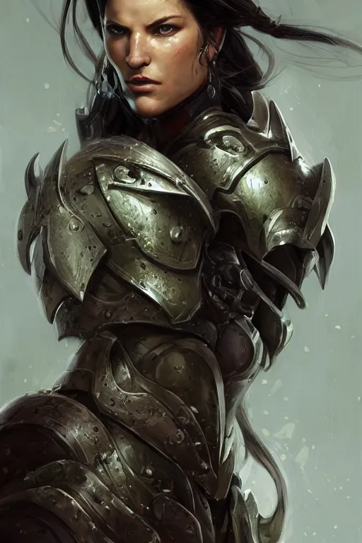 Prompt: a finely detailed portrait of Gina Carano, clothed in battle armor, olive skin, long dark hair, beautiful bone structure, symmetrical facial features, intricate, elegant, digital painting, trending on Artstation, concept art, smooth, sharp focus, illustration, from World of Warcraft, by Ruan Jia and Mandy Jurgens and Artgerm and william-adolphe bouguerea, award winning