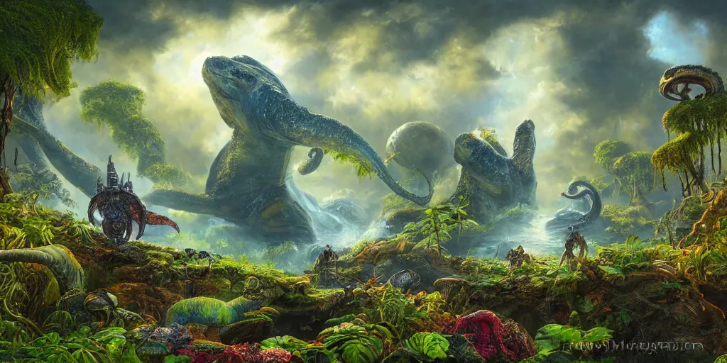 Image similar to fantasy oil painting, klattu spacecraft, outer worlds, great leviathan, turtle cephalopod terrapin reptilian pachyderm amphibian hybrid, rainforest mountains, lush plants flowers, epic natural light, bright clouds, luminous sky, bright cinematic key lighting, michael cheval, michael whelan, vray, 8 k hd