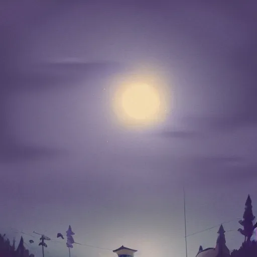 Prompt: a moon shining behind a cloudy night, cool color palette, matte painting in the style of studio ghibli