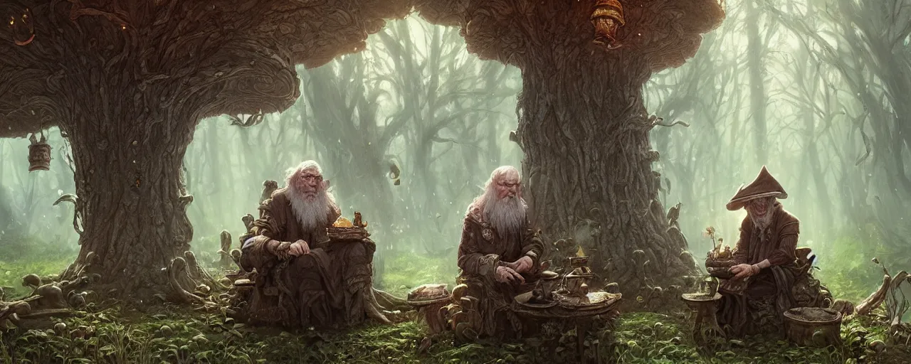 Prompt: an old wizard sitting under a mushroom tree casting a spell, D&D, fantasy, intricate, cinematic lighting, highly detailed, digital painting, artstation, concept art, smooth, sharp focus, illustration, art by Terry Moore and Greg Rutkowski