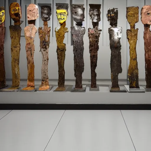 Prompt: an empty room full of bronze Jean-Michel Basquiat statues discussing their feelings